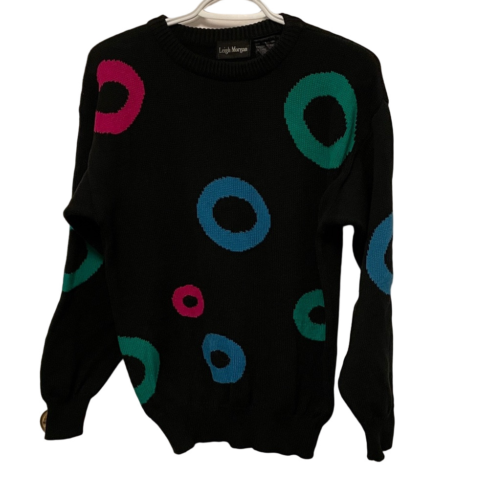 Vintage Leigh Morgan Black With Various Colour Circle Pattern Sweater Size Small